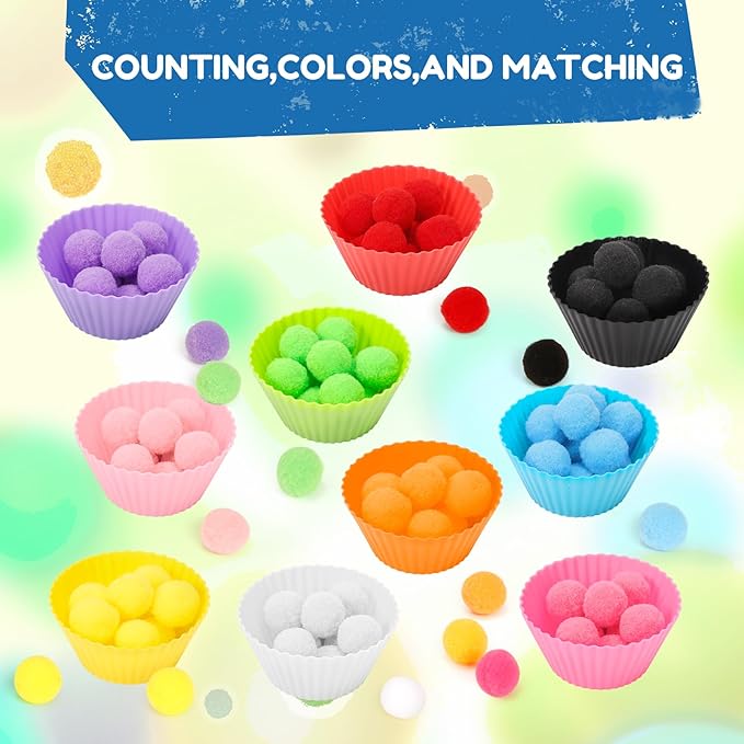 114 PCS Fine Motor Skills Sensory Bin Filler Includes 10 Sorting Bowls, 100 Pom Poms, 2 Tweezers, 2 Scooper Scissors for Kids Early Education, Counting Sorting Training Development