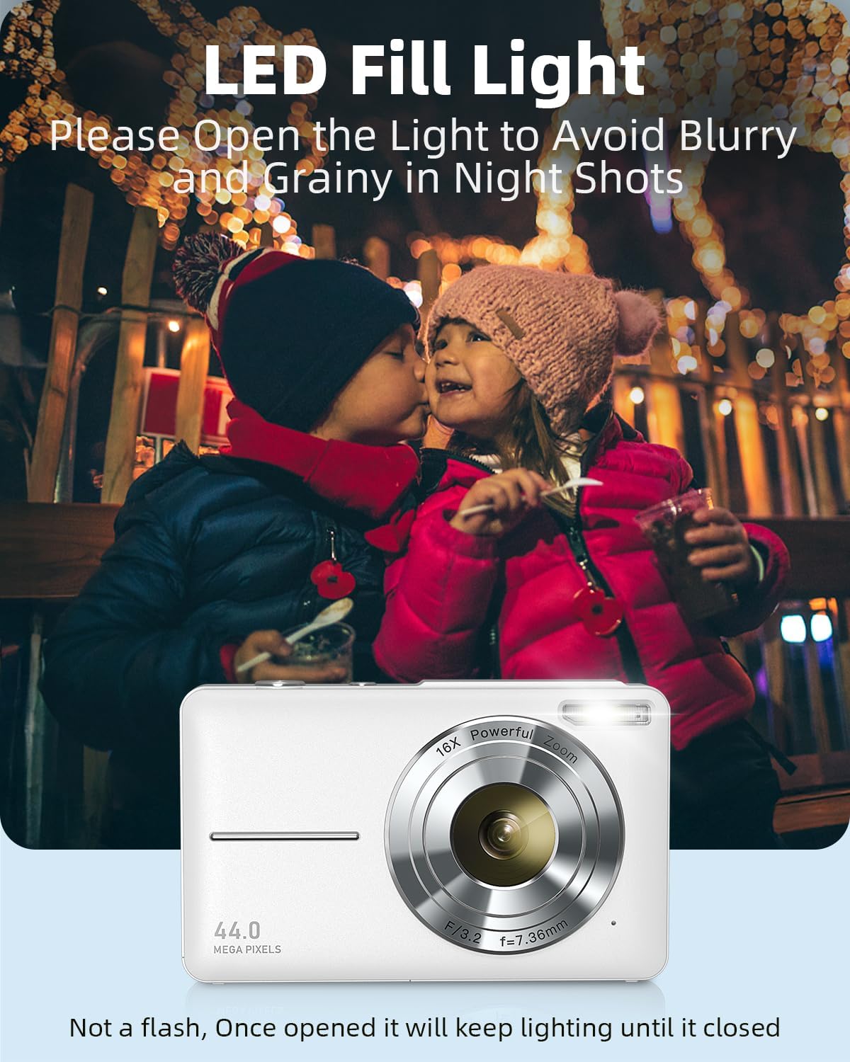 Digital Camera for Kids and Starters, FHD 1080P Point and Shoot Camera with 32GB Card 16X Zoom Anti Shake, Gift for Boys Girls Kids, White