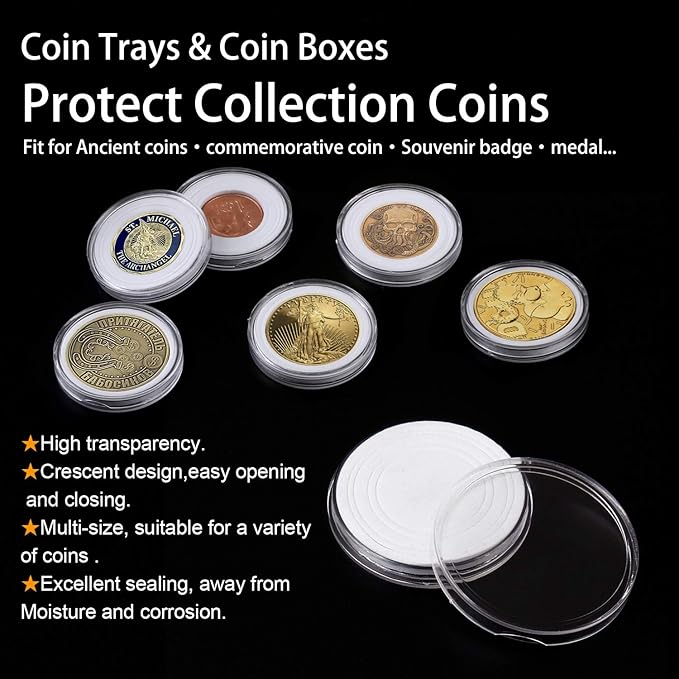 100 Pieces 30mm Coin Capsules and 5 Sizes (17/20/25/27/30mm) Protect Gasket Coin Holder Case with Plastic Storage Organizer Box for Coin Collection Supplies