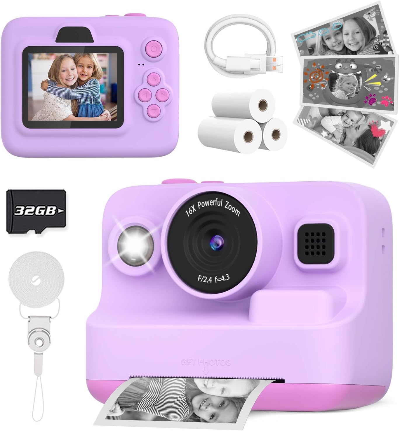 Instant Print Camera for Kids, Christmas Birthday Gifts for 3-12 Year Old Girls Boys, 2.4in Screen 1080P Video Digital Camera Toys for Kids Age 4 5 6 7 8 9 10 with 3 Rolls Print Paper 32G Card