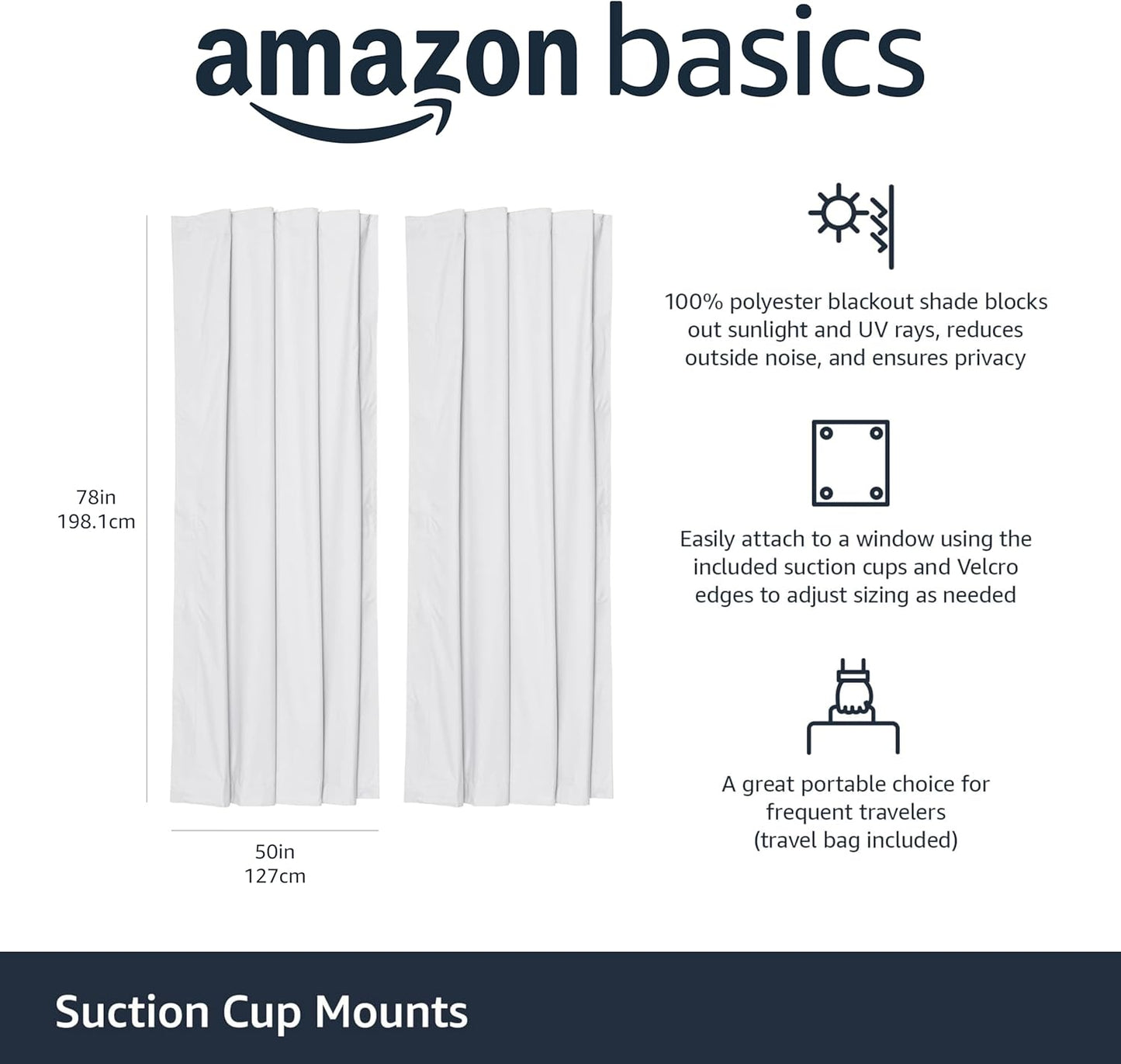 Amazon Basics Portable Blackout Curtain Shade with Suction Cups, 50"W x 78"L, 2-Pack, White