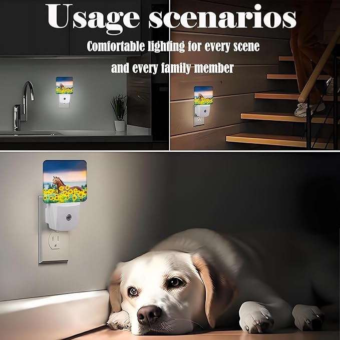 Sunflower Farm Animal Horses Night Light,Plug Into Wall with Dusk to Dawn Light Sensors, Warm Nightlights for Bedroom, Bathroom, Hallway, Kitchen, Gifts Ideal for Boys Girls Women Men