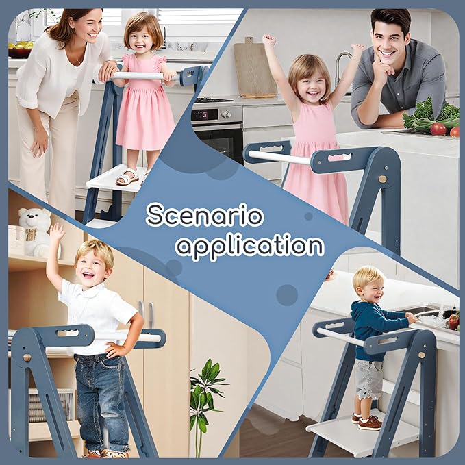 Kids Kitchen Step Stool, Foldable Toddler Tower, Height Adjustable Toddler Standing Tower with Safty Rail and Anti-Slip Device, Wooden Stool for 1.5-6 Years(Sky Blue-White)