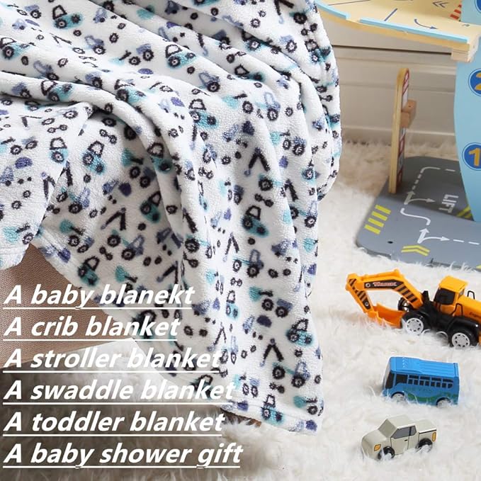 CREVENT 30"X40" Cute Lightweight Silky Cozy Warm Baby Blanket for Boys Infant Toddler Newborn Unisex Crib Cot Stroller, for All Season - Blue Truck
