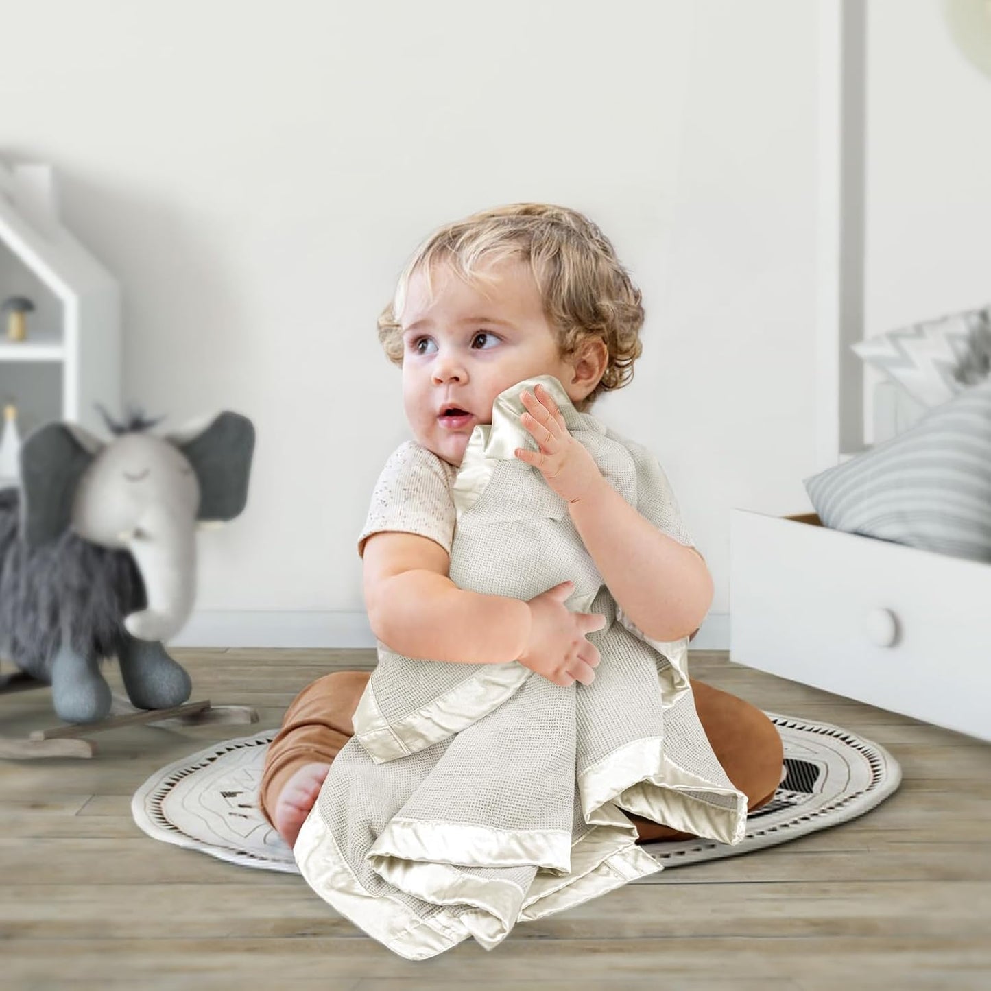 lulumoon Swaddle Baby Blanket: Waffle Blanket with Satin Trim - Breathable Toddler Blankets Perfect for Nursing Cover and Playtime - Cotton Crib Quilt for Daytime Naps 40"x36"(Cream)