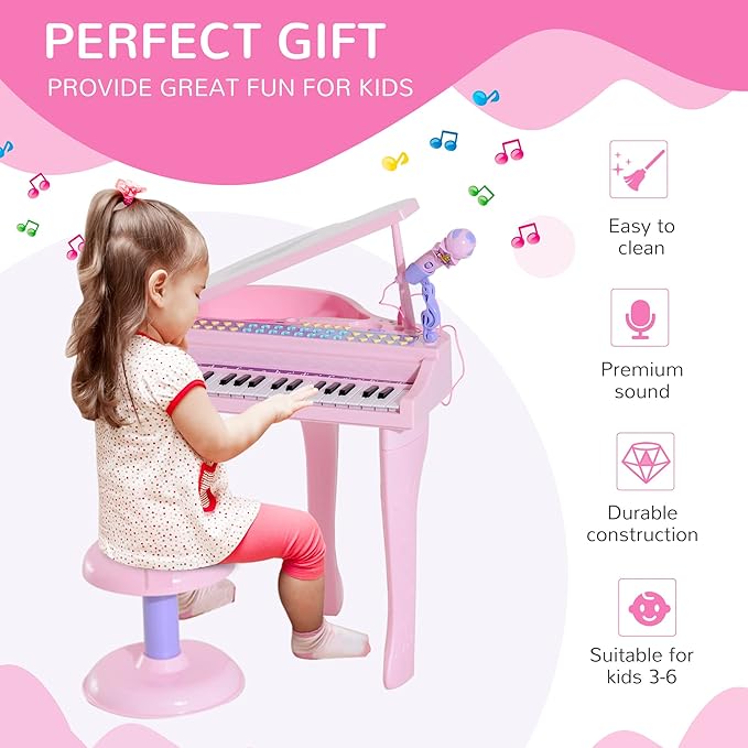 Qaba 37-Key Kids Toy Keyboard Piano Musical Electronic Instrument Grand Piano with Microphone, Stool, MP3, U-Disk, Lights for 3-6 Years, Pink