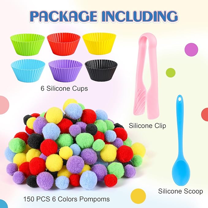 158 PCS Fine Motor Skills Set - 150 Pom Poms, 6 Sorting Bowls, Tweezers, Spoon, Sensory Bin Filler for Preschool Kids Counting, Sorting, Matching Training Activity