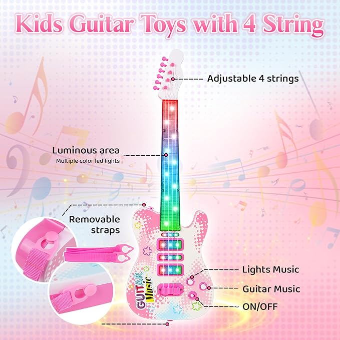Electric Guitar and Microphone Set for Kids, Toddlers Musical Instruments Starter Kit with Guitar Microphone Lifting Stand, Pink Karaoke Machine with Mic for Boys Girls Infant Christmas Gifts