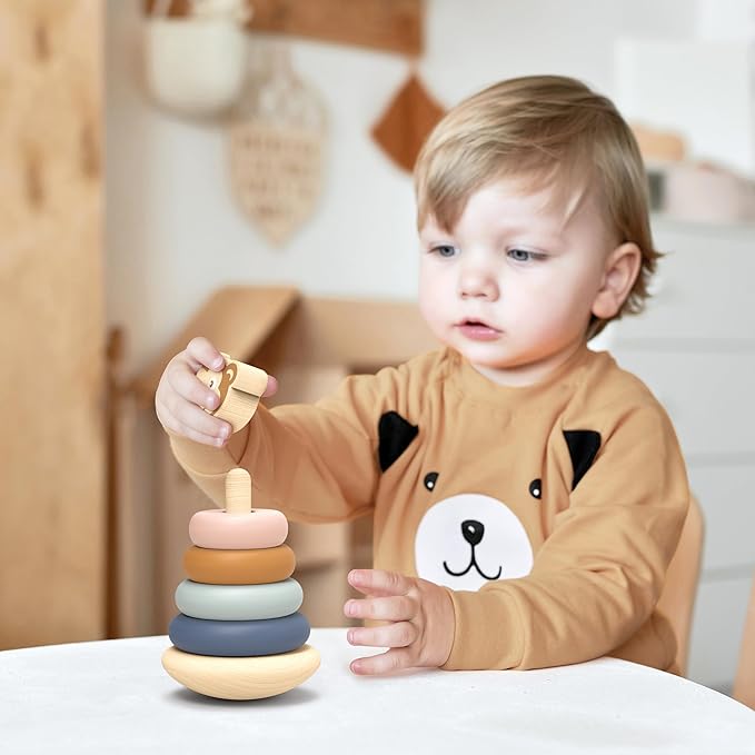 SPEEDY MONKEY Roly Poly Stacker Toy for Toddlers | Wooden Stacking Toy for Baby Boys & Girls | FSC-Certified Wobble Base with Colorful Rings for Fine Motor Skills | Sensory Learning Gift for Kids 1-5