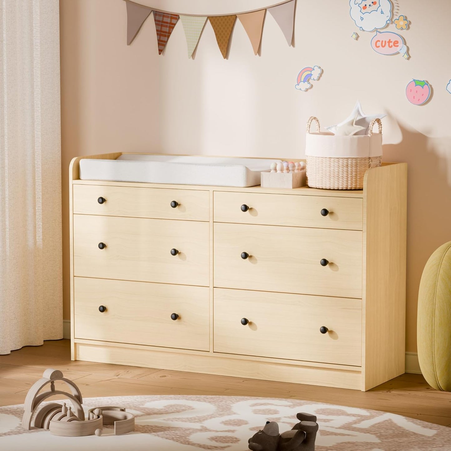 Cozy Castle Baby Dresser with 6 Drawers and Large Table Top, Multi-Functional Chest of Drawer, Drawer Dresser with Three-Sided High Rails for Nursery, Children's Room, Bedroom, Oak