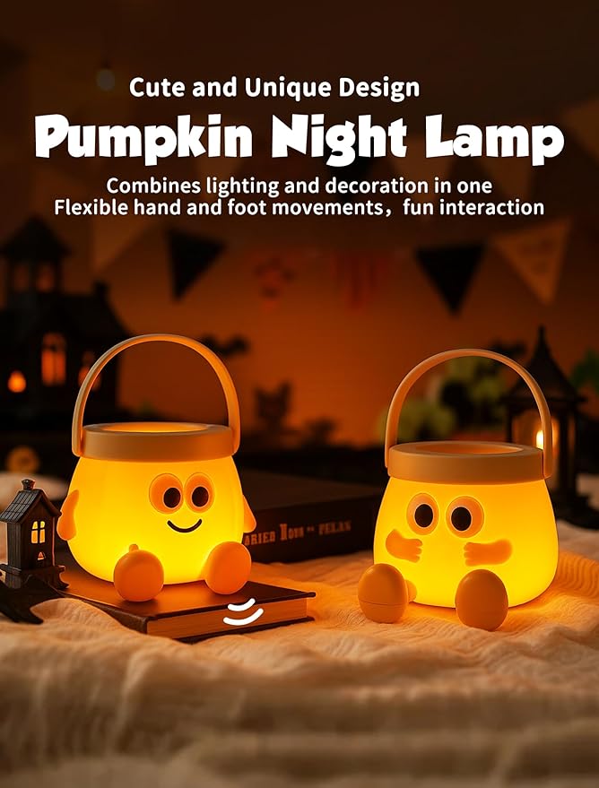 Pumpkin Night Light for Kids, Rechargeable Bedside Lamp, Portable Handheld Night Lamps, Pumpkin Lantern Lamp for Office, Room Decor, Cute Sleep Nightlight, Funny Gifts for Baby Teen Adult