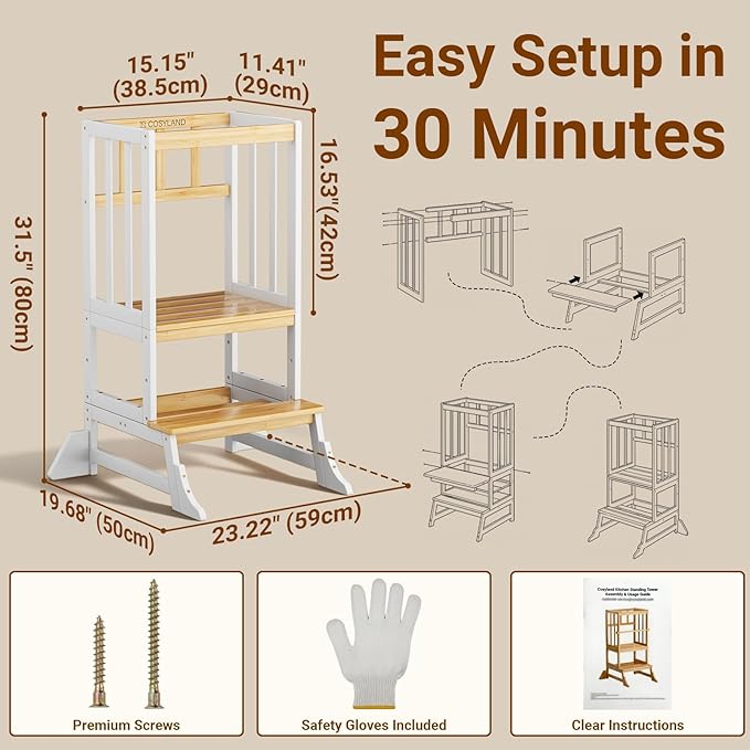 COSYLAND Kitchen Tower for Toddlers with Anti-Tip Support – Lightweight Toddler Kitchen Stool Helper for Bathroom Living Room Dining Room – Solid Bamboo Standing Tower (Natural & White)