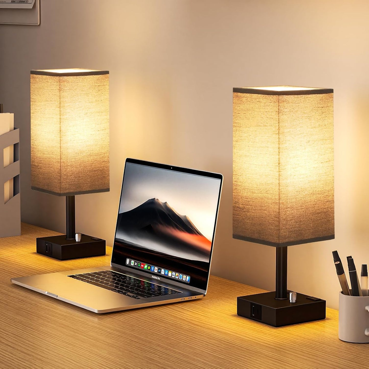 Black Fully Dimmable Nightstand Lamps Set of 2 - Table Bedside Lamp with USB C+A Charging Ports & 2 AC Outlets, Square Lamp Sets Linen Fabric Shade for Bedroom Living Room(Bulb Included)