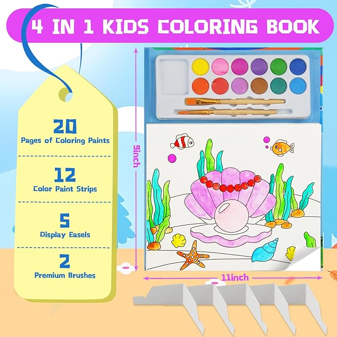 12 Colors Paint with Water Coloring Book for Toddlers, 5 Display Stands Watercolor Paint Set for Kids Ages 3-5 4-8, Arts and Crafts Drawing Activities Toys Birthday Holiday Gifts for Boys Girls