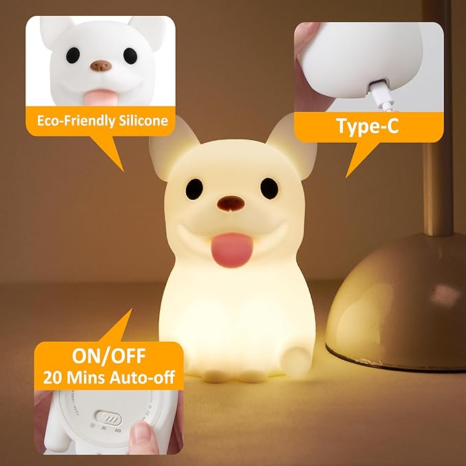 Attivolife Funny Dog Night Light, Puppy Bulldog Animal Silicone LED Touch Lamp with Timer Dimmable, USB Rechargeable Feeding Toddler Bedroom Bedside Decor Birthday Xmas Gifts for Kid Baby Child