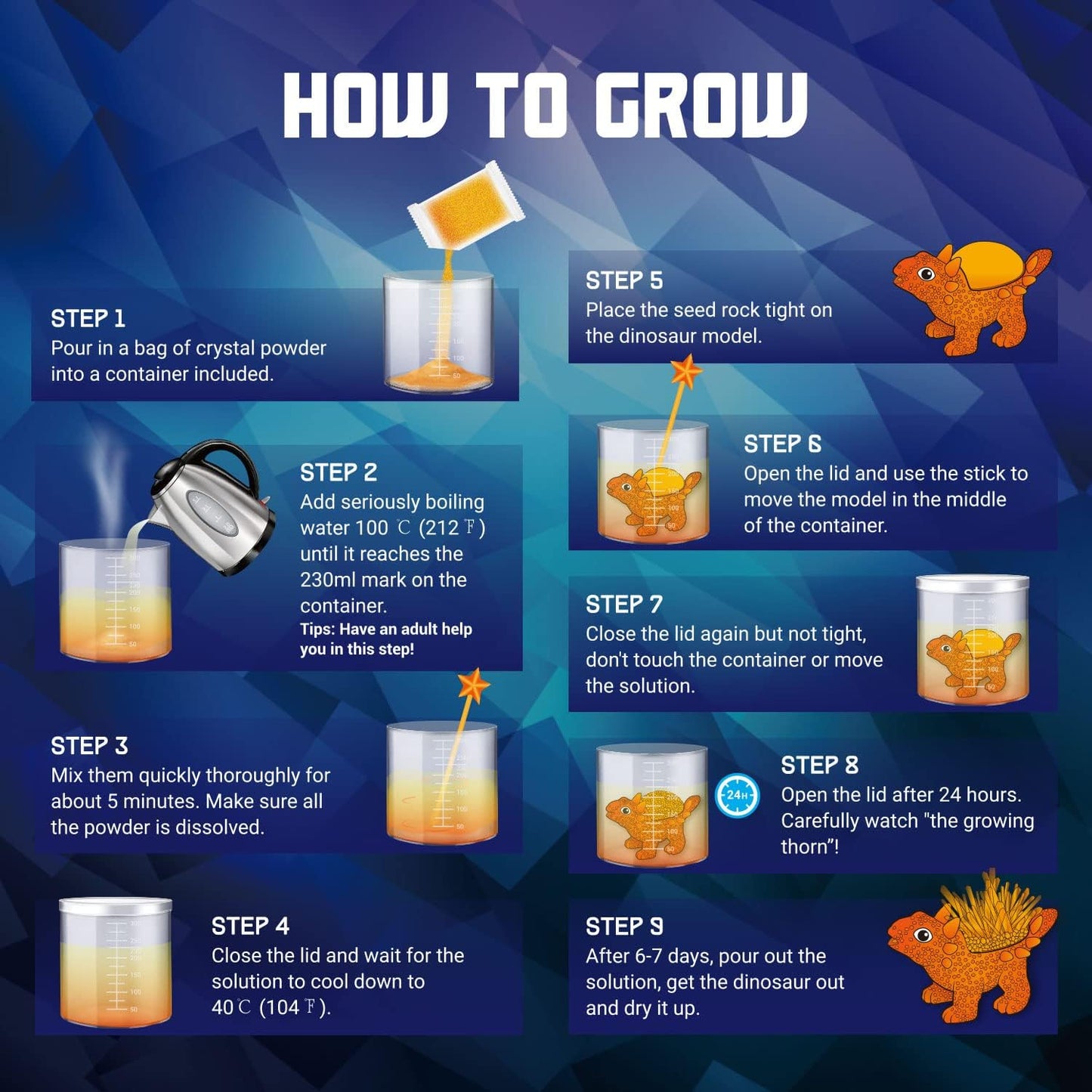 XXTOYS Crystal Growing Kit for Kids - 3 Vibrant Colored Dinosaurs to Grow - Science Kits for Kids Age 6-8, Great Gifts Toys for Boys & Girls 8-12, STEM Projects for Kid