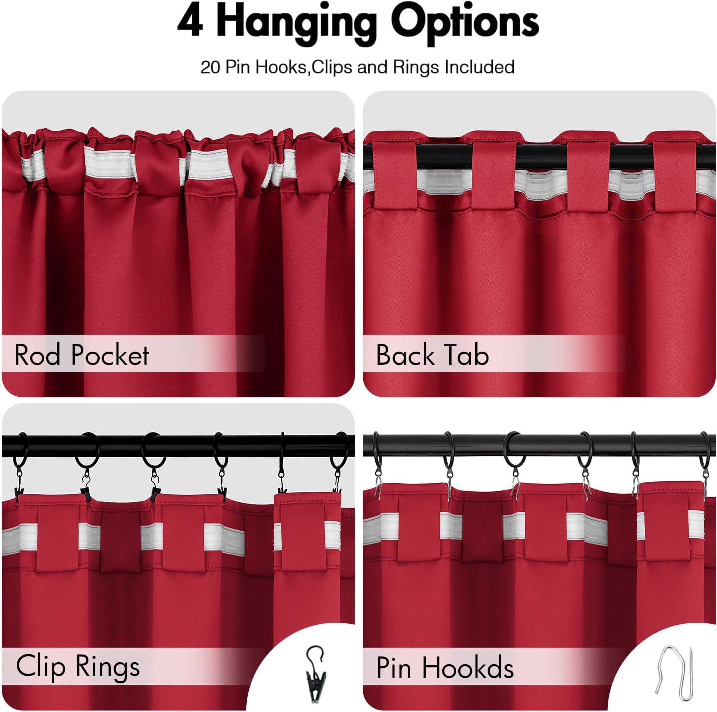 ANRODUO Back Tab Blackout Curtains for Bedroom Living Room, Rod Pocket Pinch Pleated Thermal Insulated Room Darkening Curtains 96 Inches Long 2 Panels, Red, 42 x 96 Inch
