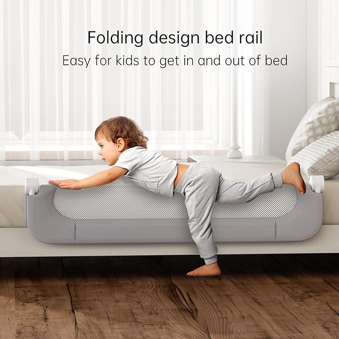 Folding Bed Rail for Toddlers,Baby Bed Rail Guard with Reinforced Anchor Safety System,Fit Bunk,Full Size,Queen,King,Twin(Grey,59"x23.6")