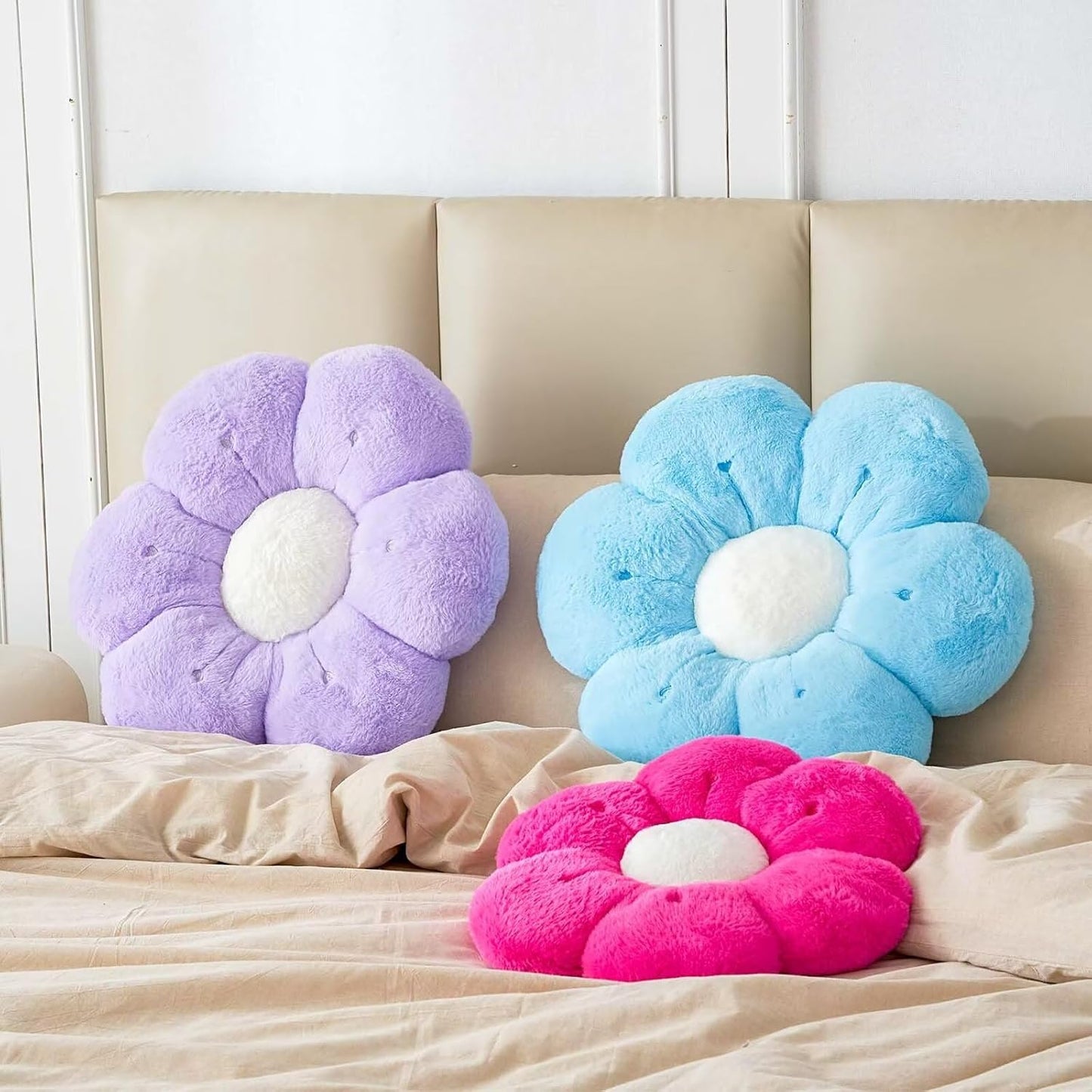 Flower Pillow, Cute Flower Shaped Decorative Pillow, Soft Rabbit Fur Daisy Pillow Home Decor Floor Seating Cushion for Bedroom Living Room (Blue2 19.6 Inch)