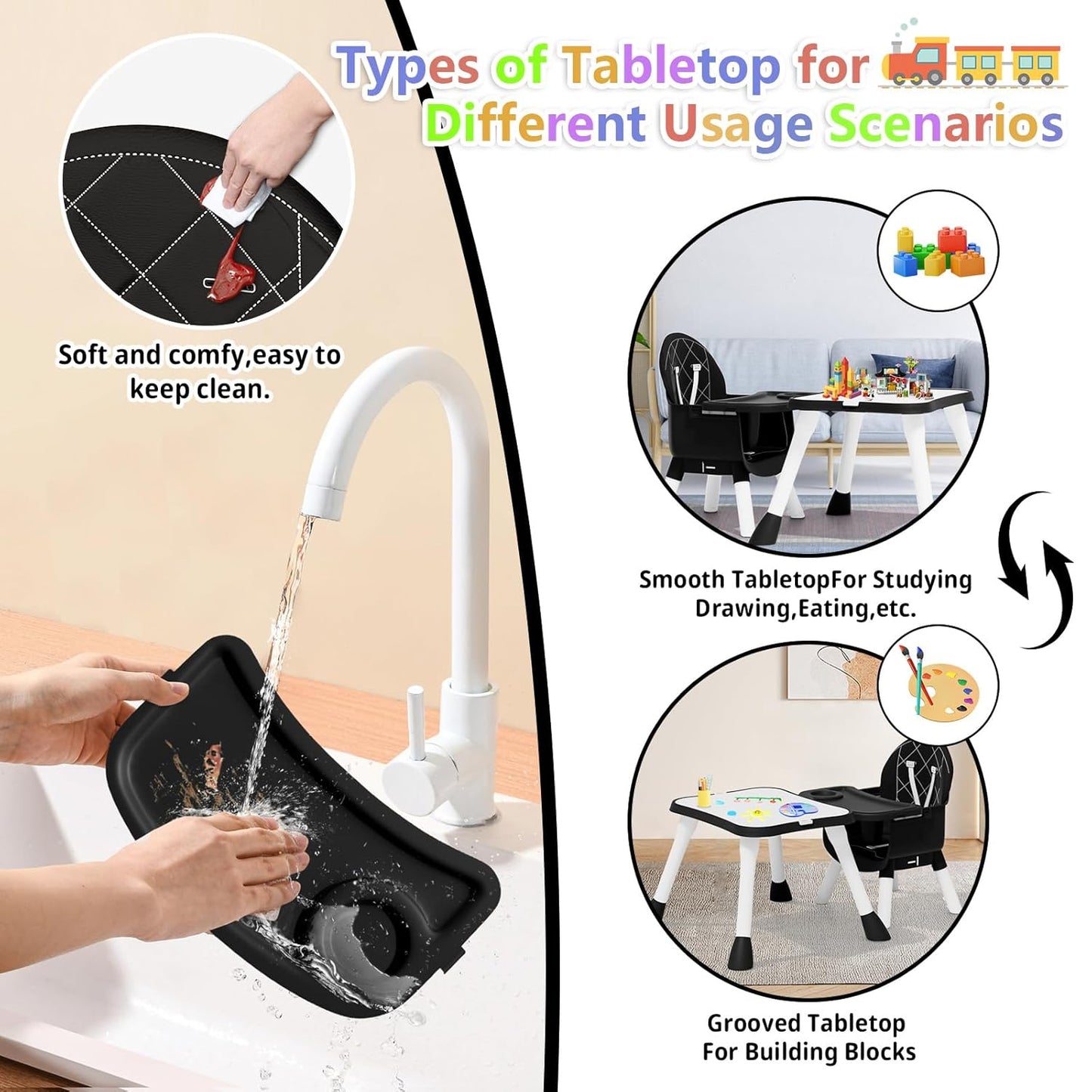 6 in 1 Baby High Chair for Babies and Toddlers, Booster Seat, Kids Learning Table & Chair (Black)