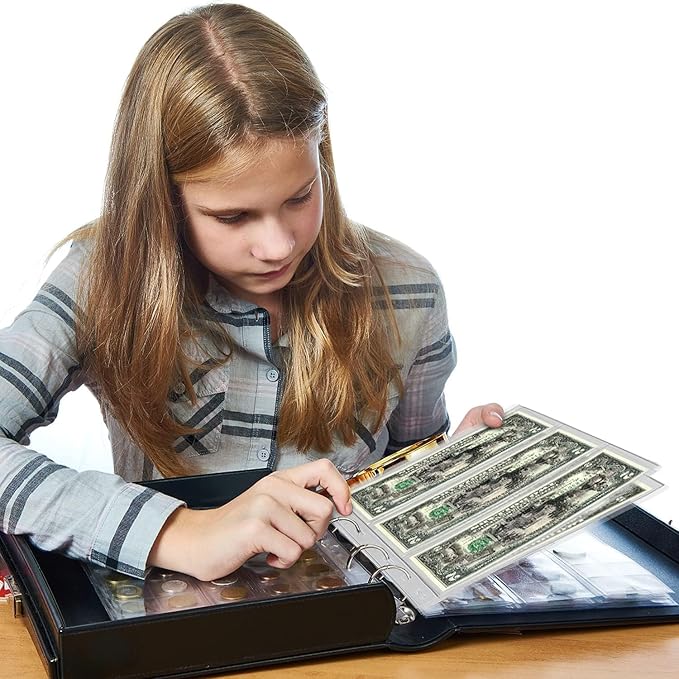 12 Sheets Paper Money Collection Supplies Pages, Currency Collecting Book Album Sleeves, 36 Pocket Money Stamp Page Holders for Standard 9-Hole Coin Collector Binder, 3 Pockets/Sheet