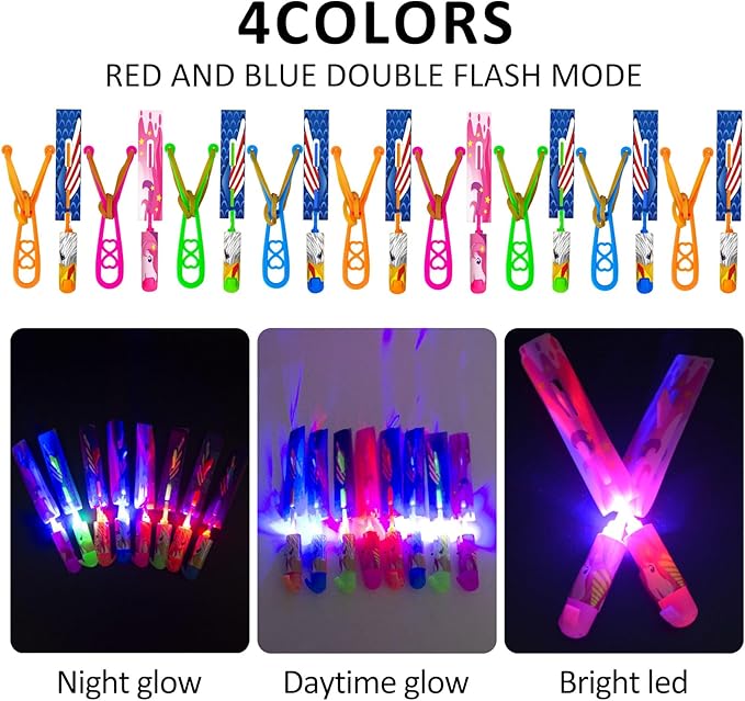 50 Pcs Slingshot Flying Toys with Led Lights,25 Pcs LED Arrow Helicopters + 25 Pcs Launchers,Summer Outdoor Game Glow in The Dark Party Supplies Party Favors for Kids 4-8,8-12 Bulk Toys