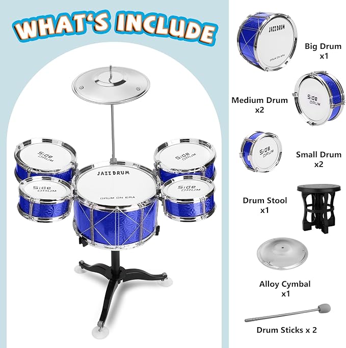 Toddler Drum Set Kids Jazz Drum Kit 8 Piece - Educational Percussion Musical Instruments Drum Toy Playset Christmas Birthday Gift for Boys Girls, Blue