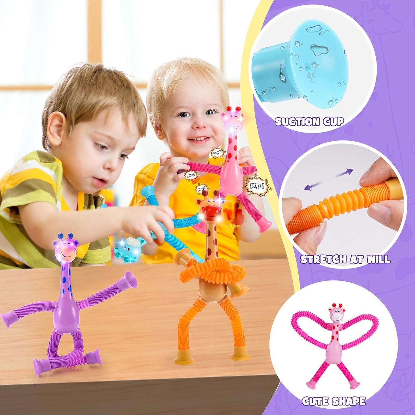 Sensory Fidget Toys for Kids : 4 Pack LED Giraffe Telescopic Pop Tubes 2 3 4 5 6 7 8 Year Old Girls Boys Easter Birthday Gifts Toy for Kid Ages 2-4 Autism Toddler Travel Toy Party Favors