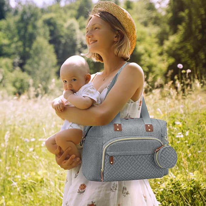 Diaper Bag Tote, Baby Bag Travel Diaper Tote Bag with Pacifier Case, Cute Maternity Hospital Baby Stylish Diaper Tote for Mom Dad Medium Size, Grey