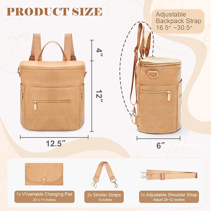 miss fong Diaper Bag Backpack Baby Diaper Bag, Large Leather Diaper Bag Backpack with 15 Pockets Diaper Bag Organizer, Changing Pad, Stroller Straps and 2 Insulated Pockets (Convertible, Peanut)