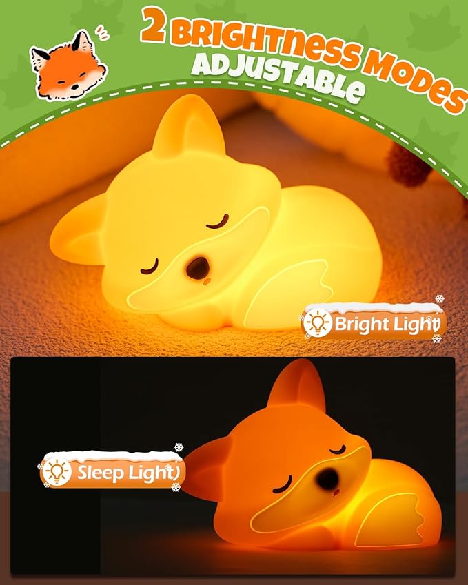 Cute Fox Night Light, Animal Lamp, Food Grade Silicone, Rechargeable, 2 Level Dimmable, Squishy Nursery Nightlight for Desk Decor, Funny Gifts Stuff for Boys Girls Baby, White Elephant Gifts
