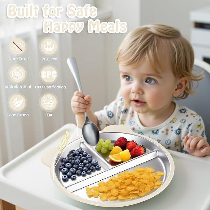 Stainless Steel Kids Plate with Suction Set of 2, 9″ Toddler Divided Plates with Removable Non Slip Silicone Sleeves, Unbreakable Baby Snack Dishes, BPA Free, Beige & Light Pink