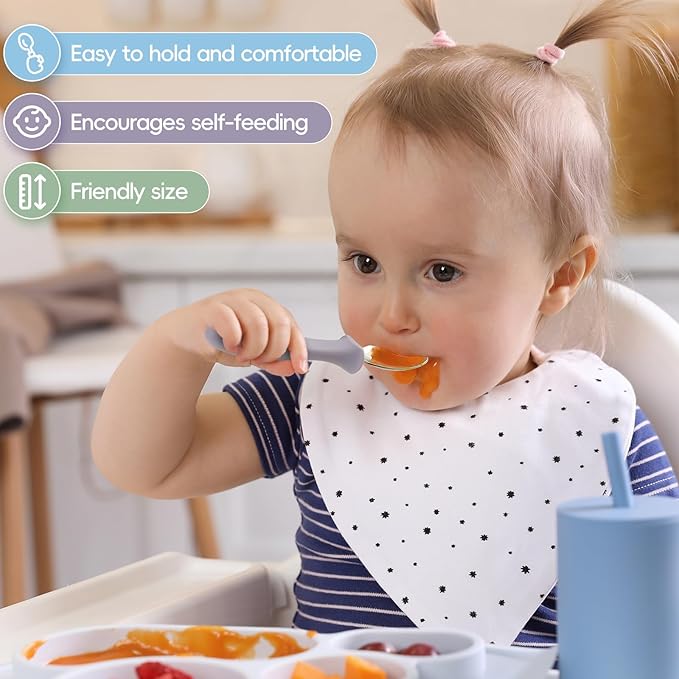 6 PCS Toddler Utensils Kids Silverware Set with Silicone Handle Children Food Grade 18/8 Stainless Steel Toddler Forks and Spoons Safe Anti-Choke Design Mirror Polished Sturdy Durable Dishwasher Safe