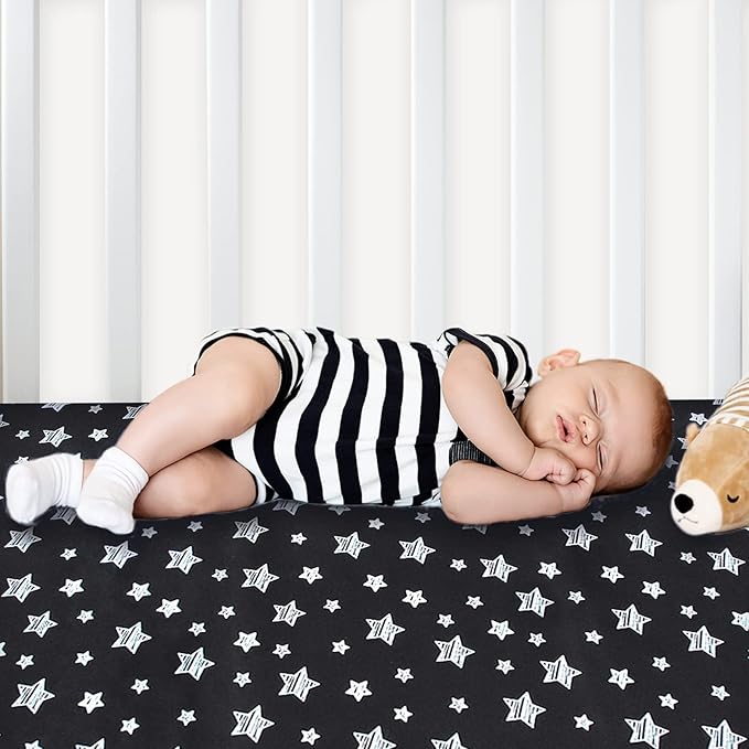 Pack and Play Sheets, 2 Pack Mini Crib Sheets, Stretchy Playard Fitted Sheet, Compatible with Graco Pack n Play, Soft and Breathable Material, Grey & Black