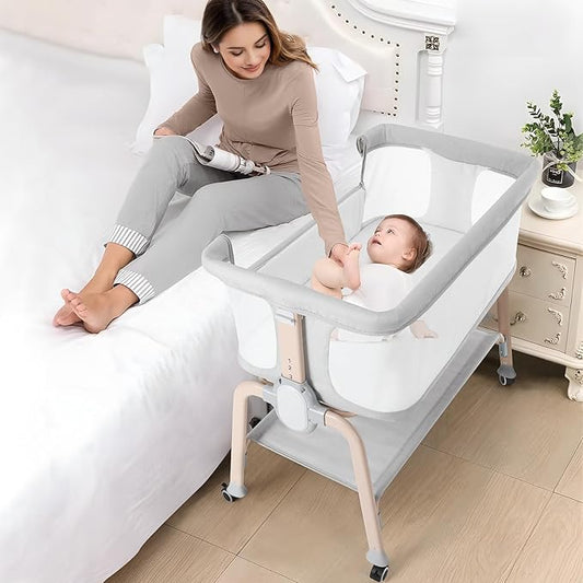 Cowiewie Bassinet Bedside Sleeper, Breathable Baby Bedside Bassinet and Mattress, Lightweight and Portable for Bedside Sleeping, Light Grey
