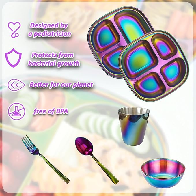 6pc Stainless Steel Kids Plates Set with Fork & Spoon, 2 Piece Divided Non-Toxic Stainless Steel baby Plates & Bowls, Pediatrician Designed, Dishwasher Safe Kids Utensils and Glass (Rainbow)