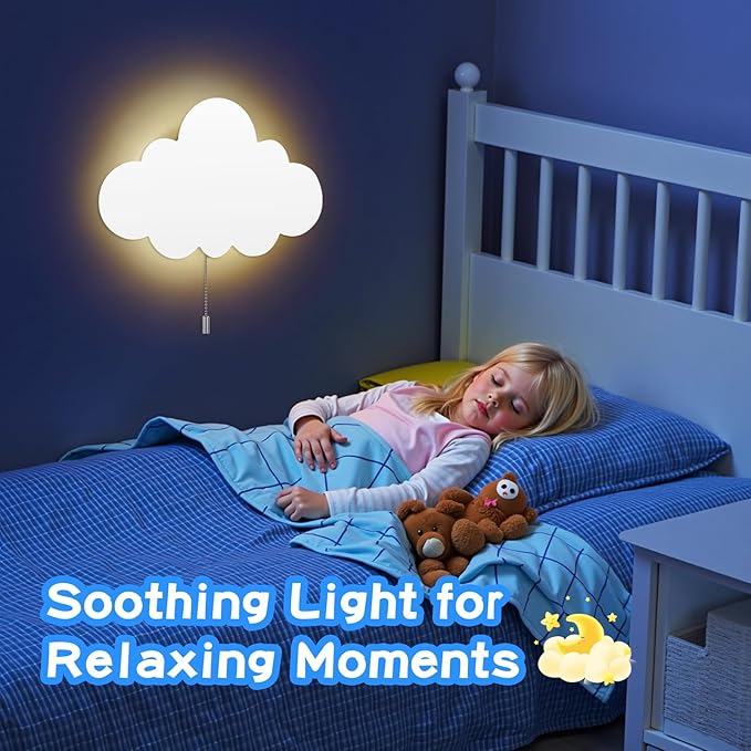 2 Pack Cloud Light - Battery-Powered Wall Lamp for Nursery, Kids Bedroom & Baby Room, 3000K Warm Night Light with Pull-String Switch, Cordless 3.7V, Lightweight 13x8in (No Charging Needed)