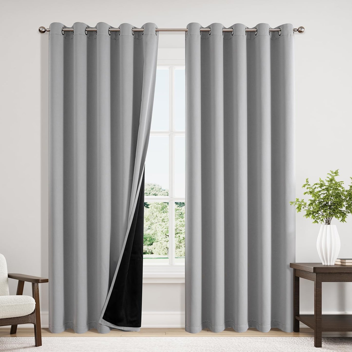 ChrisDowa 100% Blackout Curtains 84 inch Long for Bedroom with Black Liner, Extra Wide 2 Thick Layers Total Blackout Thermal Insulated Grommet Window Curtains 2 Panels Set (Light Grey, 60 x 84 Inch)