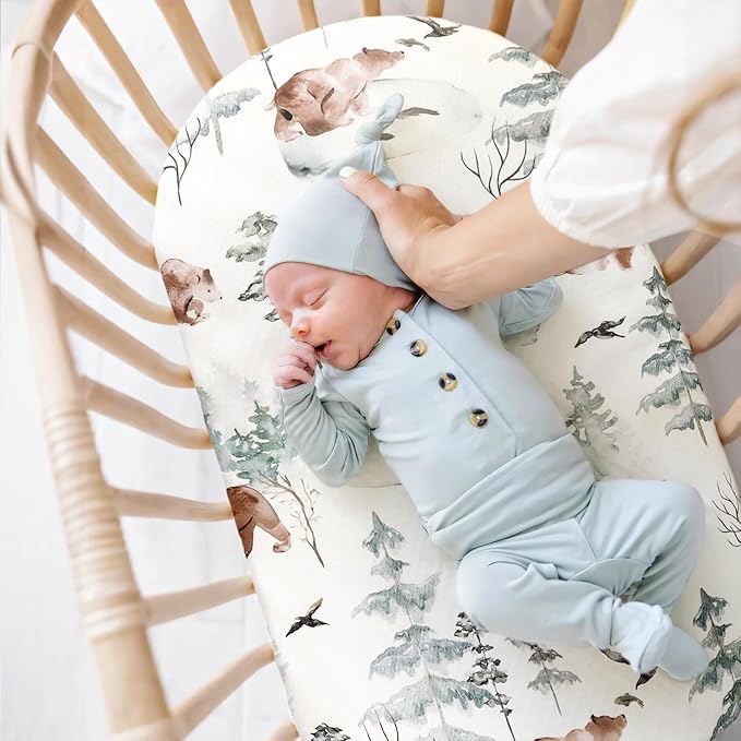 GRSSDER Stretchy Ultra Soft Fitted Bassinet Sheet Set 3 Pack, Universal Fit for Bassinets Baby Cradle Moses Basket Oval Rectangle Mattress Safe and Snug, Stylish Pattren of Bear and Wolf Print