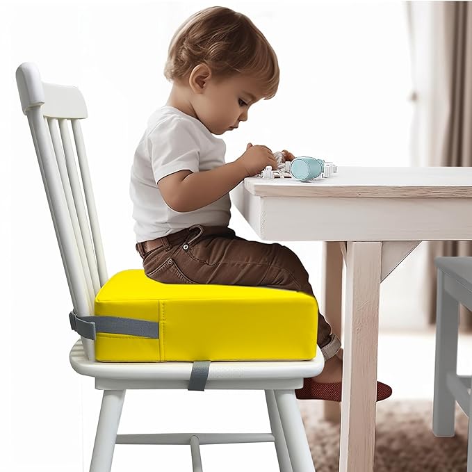 Toddler Booster Seat for Dining Table, 2 Elastic Seat Belts, Anti Scratch PU Skin-Friendly, Waterproof, Anti-Wrinkle, Detachable Non-Slip Bottom - Yellow