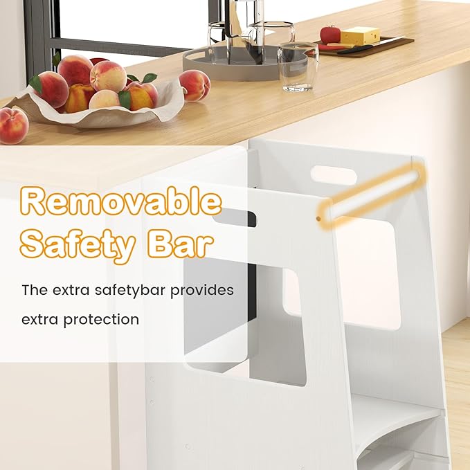 INFANS Toddler Standing Tower, Kids Montessori Kitchen Step Stool Helper with 2 Adjustable Height Learning Blackboard Safety Rail Wooden, Anti-Slip Mats, 1-3 Year Old Boy Girl Gifts (White)