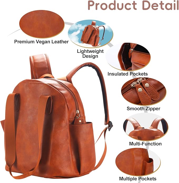 Stylish Diaper Bag Backpack, Leather Large Capacity Travel Baby Diaper Bag Tote for Mom Dad, Handbag shoulder bag, Waterproof, Lightweight Brown