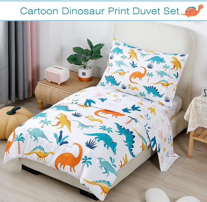 PERFEMET 4 Pieces Toddler Bedding Set Cartoon Dinosaur Print Comforter Sheet Set for Boys Microfiber Soft Toddler Comforter Set Includes Comforter, Flat Sheet, Fitted Sheet and Pillowcase, Colorful