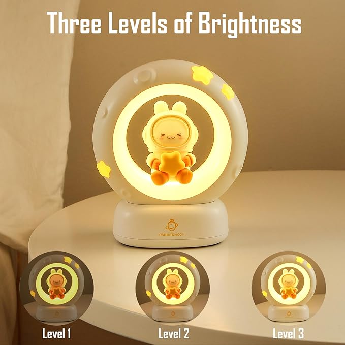 Moon and Bunny Rechargeable Night Light, Safe PVC and ABS Material, 3 Brightness Levels, Tap Control, Warm Light, Toddler Sleeping Lamp, Bedroom Night Lamp, Gift for Baby and Kid (Moon and Bunny)