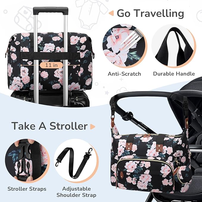 Diaper Bag Tote, Baby Bag Travel Diaper Tote Bag with Pacifier Case, Cute Maternity Hospital Baby Stylish Diaper Tote for Mom Dad Medium Size, Black Pink Floral