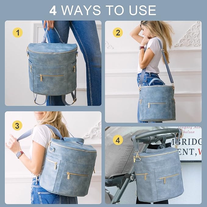 miss fong Diaper Bag Backpack Baby Diaper Bag, Large Leather Diaper Backpack with 16 Pockets Travel Diaper Bag with Diaper Changing Pad, Stroller Straps & 2 Insulated Pockets