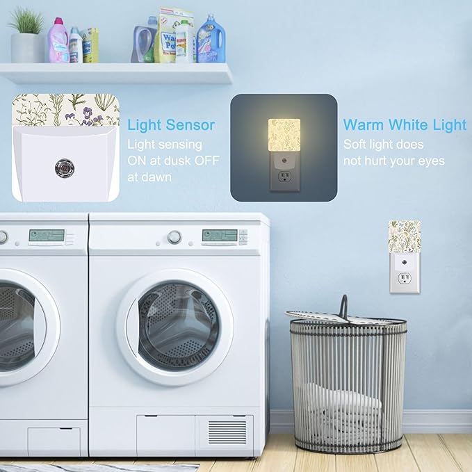 Herbs and Wild Flowers Botanical Plug in Night Light with Auto Dusk to Dawn Sensor,Warm Night Lights for Boys Girls Bedroom Bathroom Hallway Kids Room Gifts