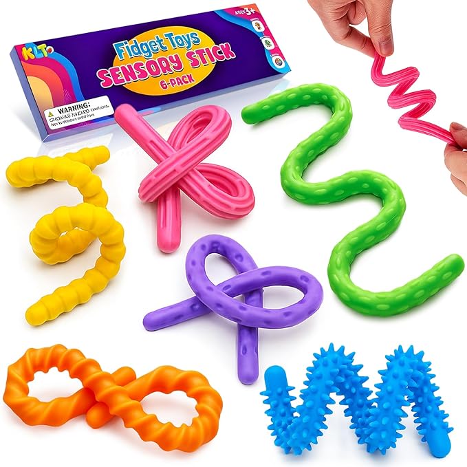 Sensory Fidget Toys for Kids: 6 Pack Textured Silicone Fidget Stick for Stress Anxiety Autistic ADHD, Quiet Desk Fidgets for Classroom, Travel Classroom Must Haves, Stocking Stuffers Gifts
