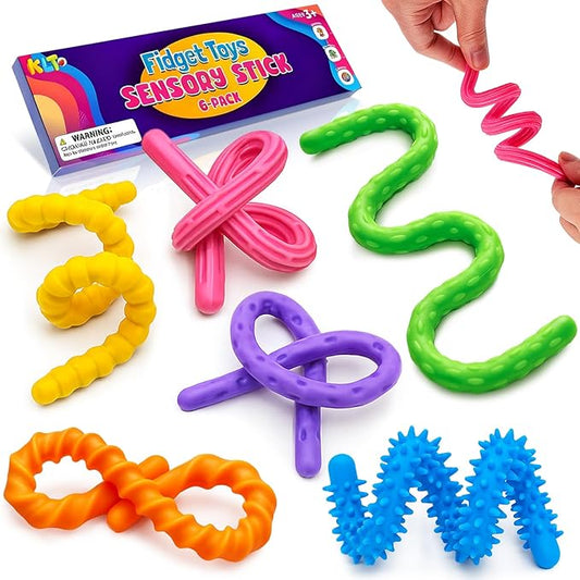 Sensory Fidget Toys for Kids: 6 Pack Textured Silicone Fidget Stick for Stress Anxiety Autistic ADHD, Quiet Desk Fidgets for Classroom, Travel Classroom Must Haves, Stocking Stuffers Gifts