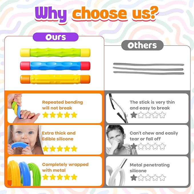 Fidget Toys Sensory Sticks for Kids: 3 Pack Textured Sensory Toys for Autism Calming - Quiet Fidgets for Classroom Must Have - Stress Relief Item for Classroom Student - Travel Activity Essentials